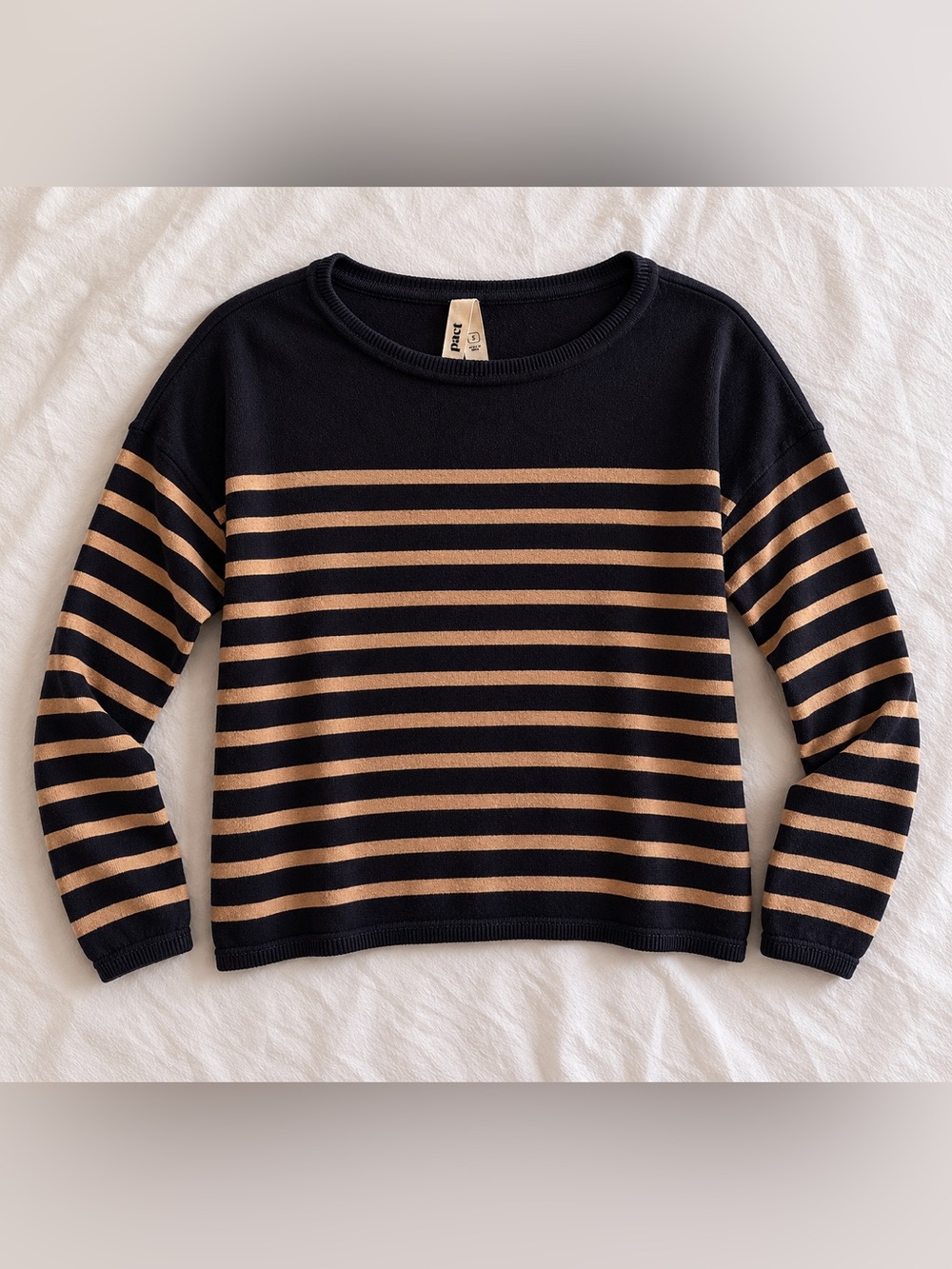 Pact Black and Tan Striped Boatneck Sweater